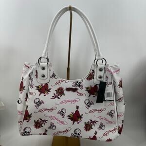 Ed Hardy Heart Skull Tattoo Print Shoulder Bag White NWT Y2K Punk Tote
